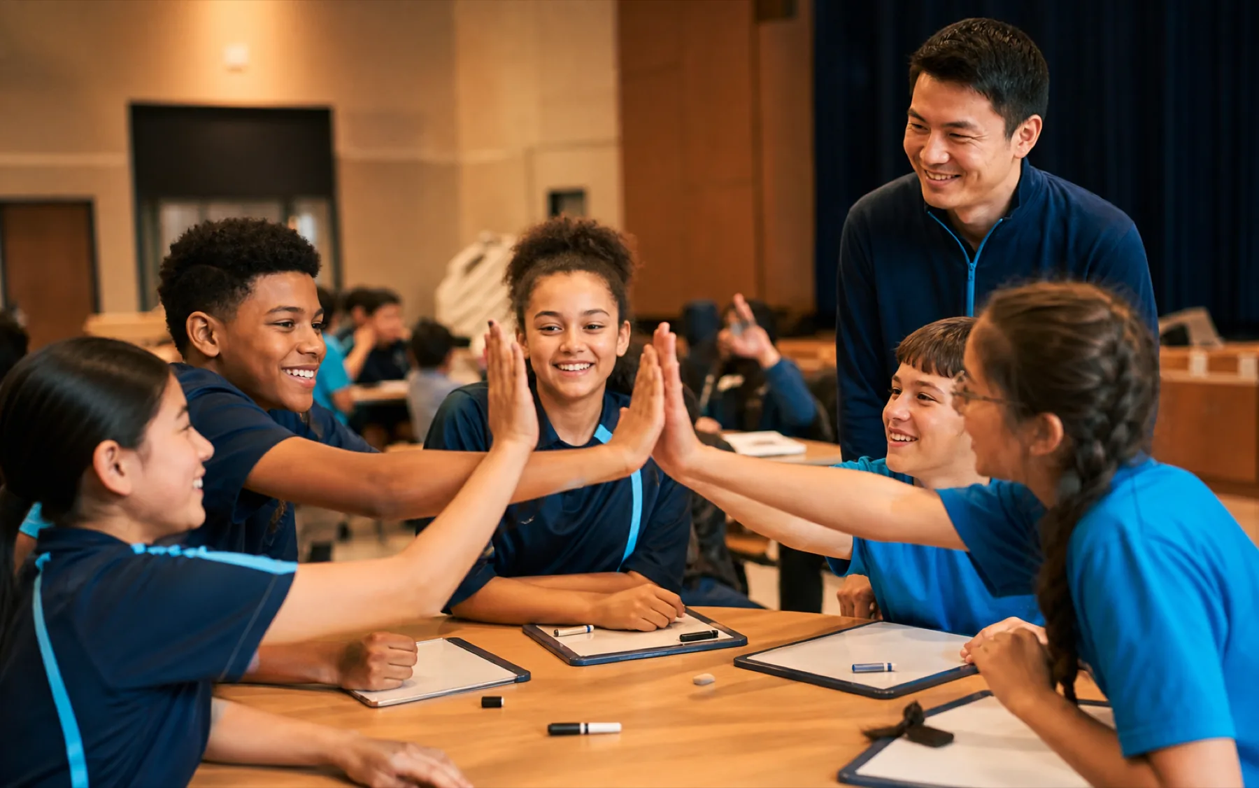 Two mixed school math teams congratulate one another after a friendly classroom competition.